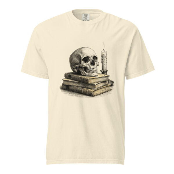 unisex-garment-dyed-heavyweight-t-shirt-ivory-front-6a9c3e44d19bd.jpg Skull and Candle on Old Books Victorian Engraving T-Shirt — Comfort Colors 1717 Memento Mori Tee