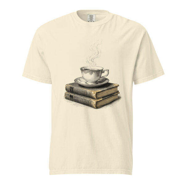 Teacup on Old Books Victorian Engraving T-Shirt — Comfort Colors 1717 Cozy Reader Tea Lover Tee