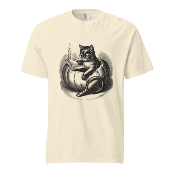 unisex-garment-dyed-heavyweight-t-shirt-ivory-front-6aa4088abccc7.jpg Black Cat Reading in Pumpkin T-Shirt, Comfort Colors Unisex Tee, Spooky Season Reading, Halloween Cat Lover Gift