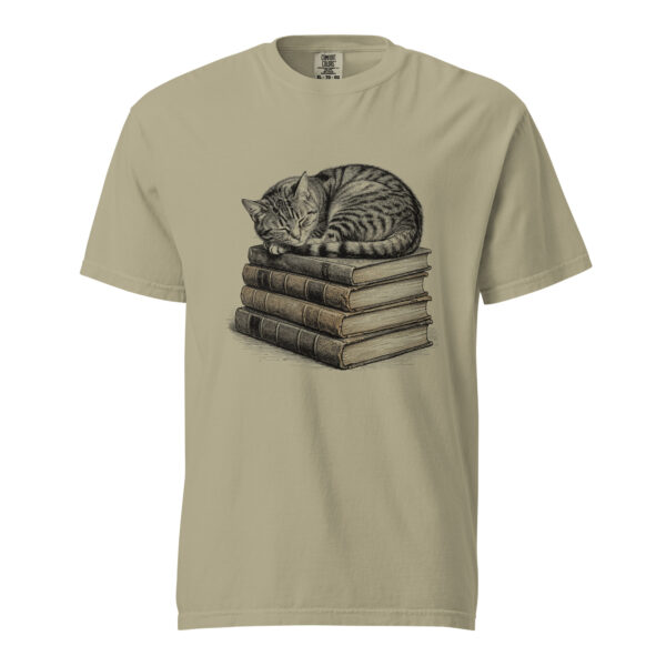 Sleeping Tabby Cat on Books Victorian Engraving T-Shirt — Comfort Colors 1717 Cat Lover Tee