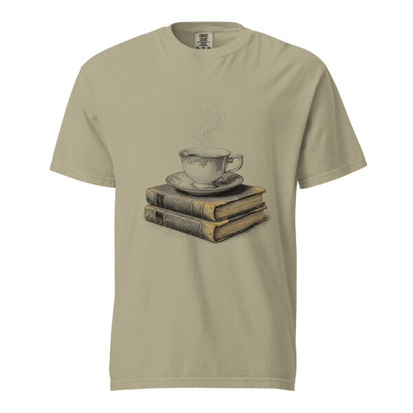 Teacup on Old Books Victorian Engraving T-Shirt — Comfort Colors 1717 Cozy Reader Tea Lover Tee