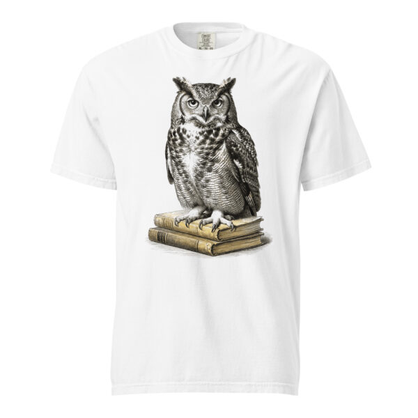 unisex-garment-dyed-heavyweight-t-shirt-white-front-6a9c34c3afe0b.jpg Great Horned Owl on Old Books Victorian Engraving T-Shirt — Comfort Colors 1717 Dark Academia Tee