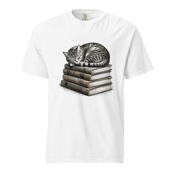 Sleeping Tabby Cat on Books Victorian Engraving T-Shirt — Comfort Colors 1717 Cat Lover Tee