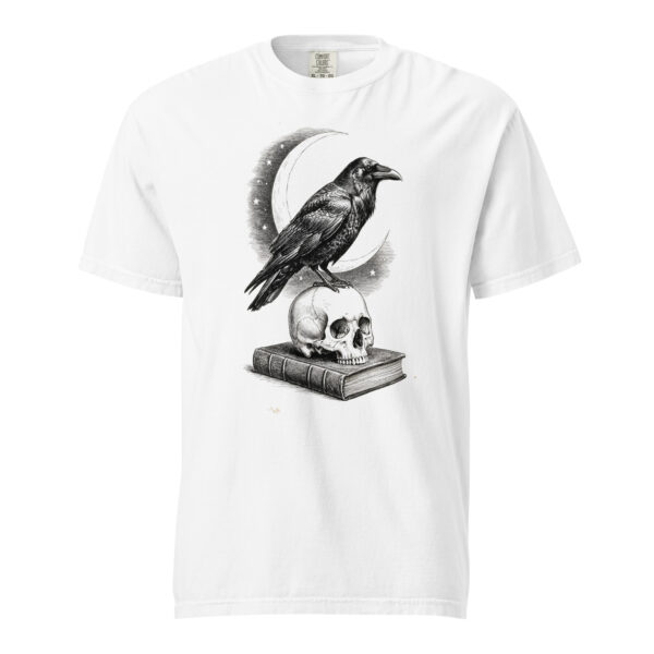 unisex-garment-dyed-heavyweight-t-shirt-white-front-6a9e4d7e36264.jpg Raven on Skull Crescent Moon Victorian Engraving T-Shirt — Comfort Colors 1717 Gothic Halloween Dark Academia Tee