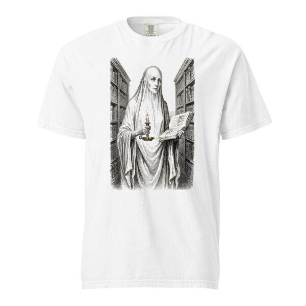 unisex-garment-dyed-heavyweight-t-shirt-white-front-6a9e4ffc37fc4.jpg Ghost Librarian with Candle Victorian Engraving T-Shirt — Comfort Colors 1717 Haunted Library Halloween Tee