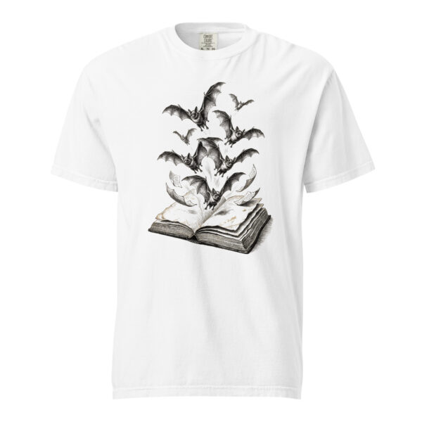 unisex-garment-dyed-heavyweight-t-shirt-white-front-6a9e51003c768.jpg Bats Flying from an Open Book Victorian Engraving T-Shirt — Comfort Colors 1717 Gothic Halloween Reader Tee