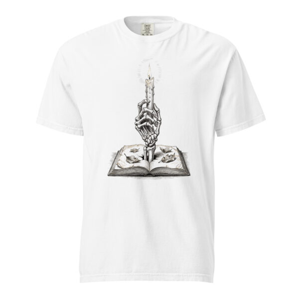 Skeleton Hand Holding Candle Rising from Book Victorian Engraving T-Shirt — Comfort Colors 1717 Memento Mori Gothic Tee