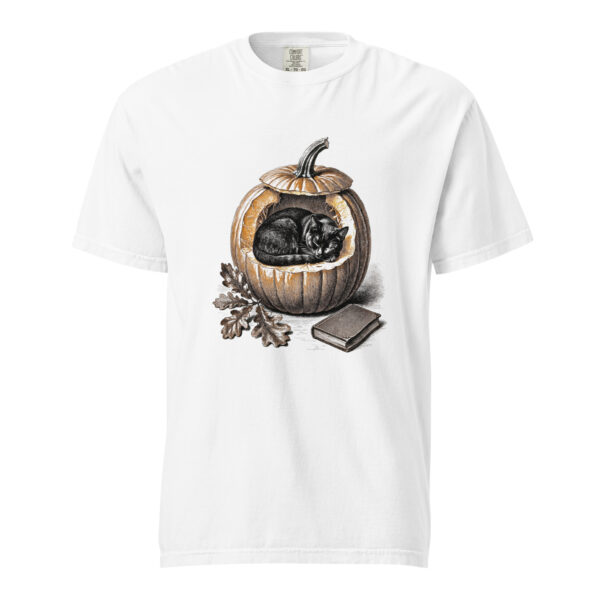 unisex-garment-dyed-heavyweight-t-shirt-white-front-6a9e56bdaaeae.jpg Black Cat Sleeping in Pumpkin Victorian Engraving T-Shirt — Comfort Colors 1717 Cozy Fall Halloween Cat Tee