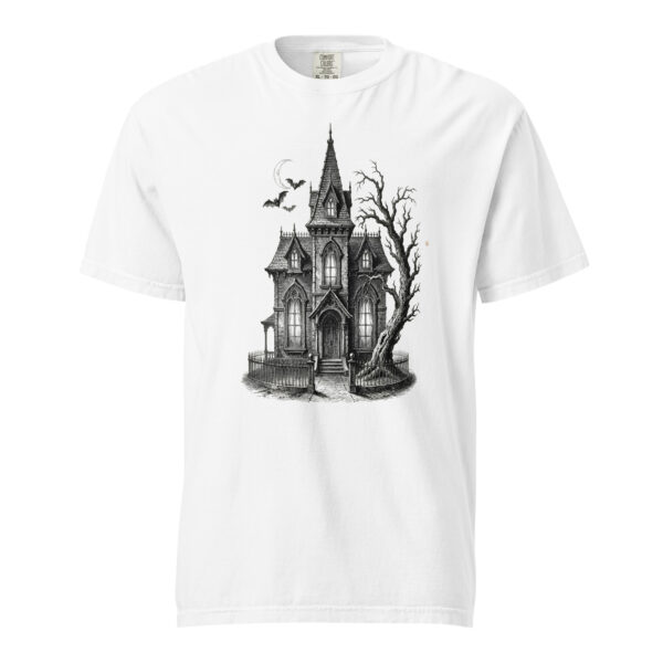 unisex-garment-dyed-heavyweight-t-shirt-white-front-6a9e58beea5d9.jpg Haunted Gothic Mansion Victorian Engraving T-Shirt — Comfort Colors 1717 Spooky Season Halloween Tee