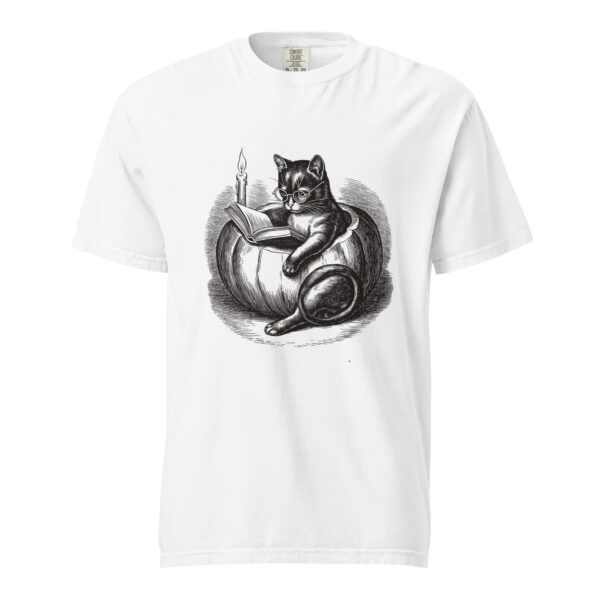 unisex-garment-dyed-heavyweight-t-shirt-white-front-6aa4088abcd00.jpg Black Cat Reading in Pumpkin T-Shirt, Comfort Colors Unisex Tee, Spooky Season Reading, Halloween Cat Lover Gift