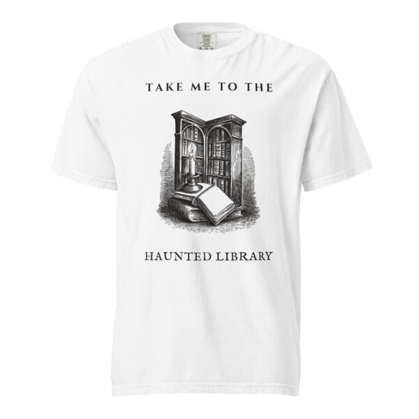 unisex-garment-dyed-heavyweight-t-shirt-white-front-6aa4094107747.jpg Take Me To The Haunted Library T-Shirt, Comfort Colors Unisex Tee, Ghost Librarian, Spooky Season Book Lover Gift