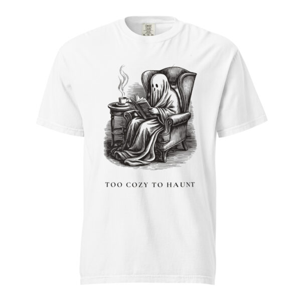unisex-garment-dyed-heavyweight-t-shirt-white-front-6aa409e133cc8.jpg Too Cozy To Haunt T-Shirt, Comfort Colors Unisex Tee, Funny Ghost Reading, Cozy Halloween Book Lover Gift