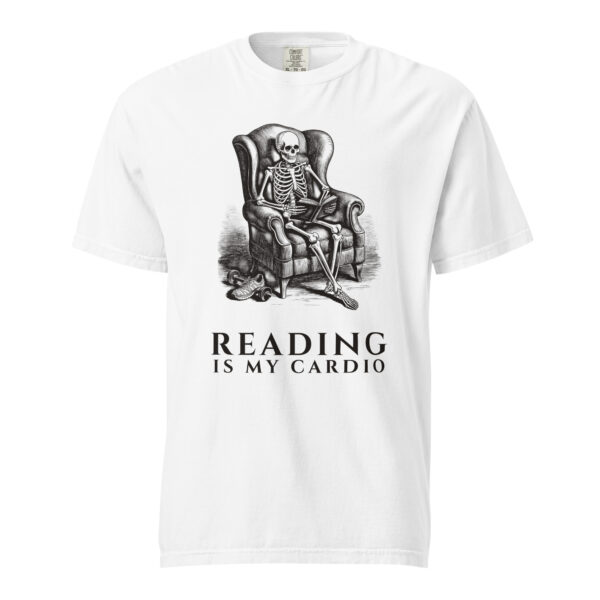unisex-garment-dyed-heavyweight-t-shirt-white-front-6aa40a96cecc4.jpg Reading Is My Cardio T-Shirt, Comfort Colors Unisex Tee, Skeleton Reading Book, Funny Bookworm Gift