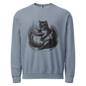 unisex-garment-dyed-lightweight-fleece-crewneck-sweatshirt-i-comfort-colors-1466-blue-jean-front-6aa4039950200.jpg Black Cat Reading in Pumpkin Sweatshirt, Comfort Colors 1466 Unisex Crewneck, Spooky Season Reading, Halloween Cat Lover Gift