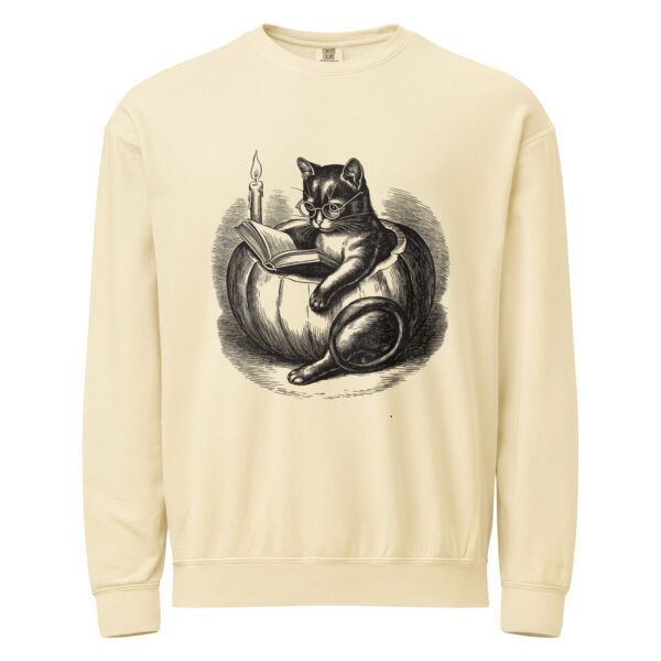 unisex-garment-dyed-lightweight-fleece-crewneck-sweatshirt-i-comfort-colors-1466-ivory-front-6aa40399513f6.jpg Black Cat Reading in Pumpkin Sweatshirt, Comfort Colors 1466 Unisex Crewneck, Spooky Season Reading, Halloween Cat Lover Gift
