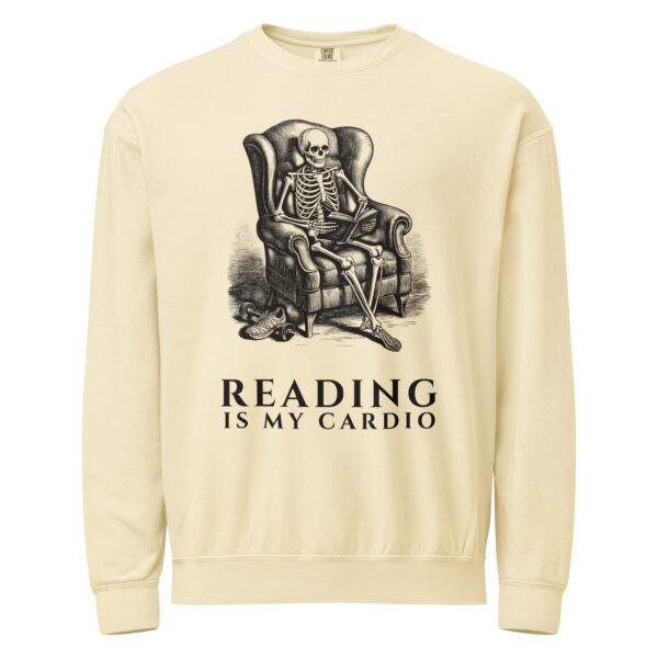 unisex-garment-dyed-lightweight-fleece-crewneck-sweatshirt-i-comfort-colors-1466-ivory-front-6aa405af8b74a.jpg Reading Is My Cardio Sweatshirt, Comfort Colors 1466 Unisex Crewneck, Skeleton Reading Book, Funny Bookworm Gift