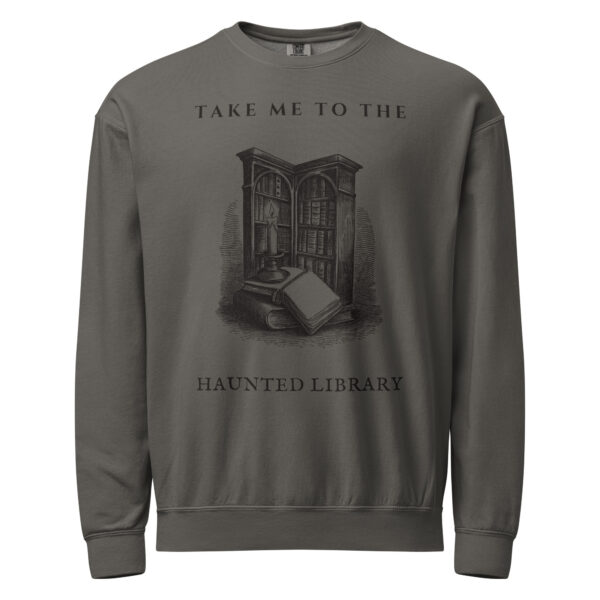 unisex-garment-dyed-lightweight-fleece-crewneck-sweatshirt-i-comfort-colors-1466-pepper-front-6aa4046ebb9b3.jpg Take Me To The Haunted Library Sweatshirt, Comfort Colors 1466 Unisex Crewneck, Ghost Librarian, Spooky Season Book Lover Gift