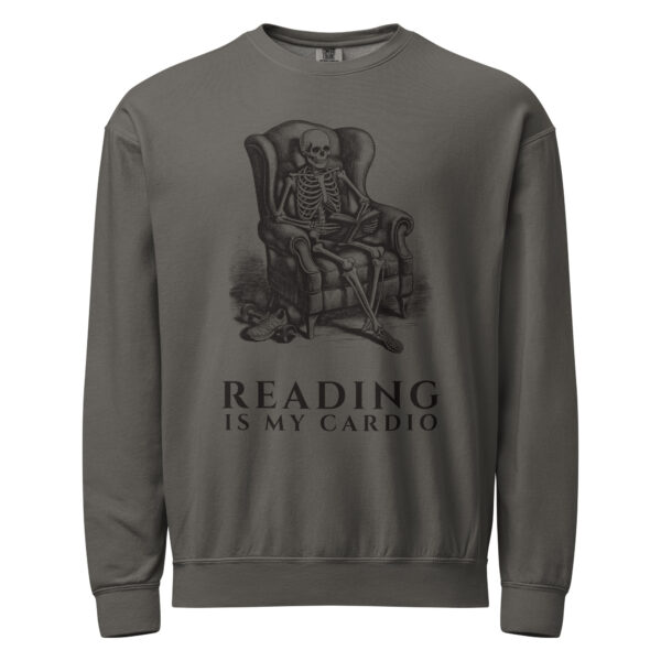 unisex-garment-dyed-lightweight-fleece-crewneck-sweatshirt-i-comfort-colors-1466-pepper-front-6aa405af8b78d.jpg Reading Is My Cardio Sweatshirt, Comfort Colors 1466 Unisex Crewneck, Skeleton Reading Book, Funny Bookworm Gift