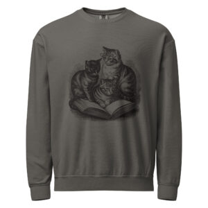unisex-garment-dyed-lightweight-fleece-crewneck-sweatshirt-i-comfort-colors-1466-pepper-front-6aa4064832b8d.jpg Three Cats Reading Sweatshirt, Comfort Colors 1466 Unisex Crewneck, Cat Lover Bookish Gift, Vintage Engraving