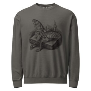 unisex-garment-dyed-lightweight-fleece-crewneck-sweatshirt-i-comfort-colors-1466-pepper-front-6aa406e4aea20.jpg Luna Moth on Open Book Sweatshirt, Comfort Colors 1466 Unisex Crewneck, Dark Academia Cottagecore, Book Lover Gift