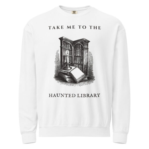 unisex-garment-dyed-lightweight-fleece-crewneck-sweatshirt-i-comfort-colors-1466-white-front-6aa4046ebb9e0.jpg Take Me To The Haunted Library Sweatshirt, Comfort Colors 1466 Unisex Crewneck, Ghost Librarian, Spooky Season Book Lover Gift