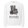 unisex-garment-dyed-lightweight-fleece-crewneck-sweatshirt-i-comfort-colors-1466-white-front-6aa405af8b7bb.jpg Reading Is My Cardio Sweatshirt, Comfort Colors 1466 Unisex Crewneck, Skeleton Reading Book, Funny Bookworm Gift
