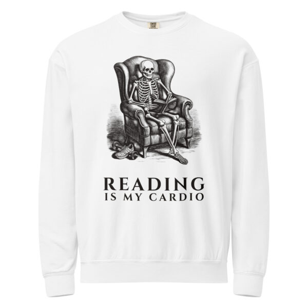 unisex-garment-dyed-lightweight-fleece-crewneck-sweatshirt-i-comfort-colors-1466-white-front-6aa405af8b7bb.jpg Reading Is My Cardio Sweatshirt, Comfort Colors 1466 Unisex Crewneck, Skeleton Reading Book, Funny Bookworm Gift