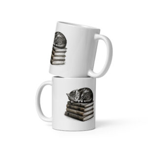 white-glossy-mug-white-11-oz-front-view-6a9c5bc64666c.jpg Reading Cat Mug, Cat on Books Coffee Cup, Gift for Cat Lovers Who Read, Cozy Bookish Cat Mug for Readers