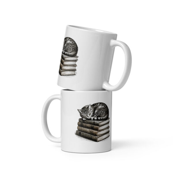 white-glossy-mug-white-11-oz-front-view-6a9c5bc64666c.jpg Reading Cat Mug, Cat on Books Coffee Cup, Gift for Cat Lovers Who Read, Cozy Bookish Cat Mug for Readers