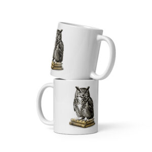 white-glossy-mug-white-11-oz-front-view-6a9c5f8736329.jpg Wise Owl Reading Mug, Vintage Owl on Books Coffee Cup, Gift for Book Lovers and Owl Fans, Cozy Literary Mug