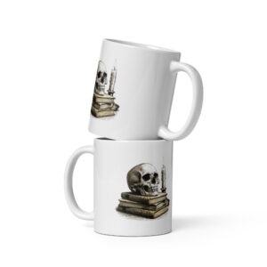 white-glossy-mug-white-11-oz-front-view-6a9c6949cfc01.jpg Memento Mori Skull Mug, Gothic Candle Coffee Cup, Dark Academia Gift for Book Lovers, Halloween Skull Mug