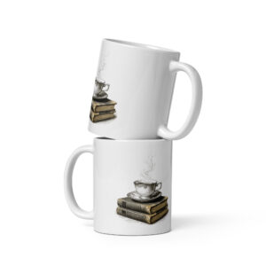 white-glossy-mug-white-11-oz-front-view-6a9c6b5ea486a.jpg Cozy Teacup on Books Mug, Steaming Tea Cottagecore, Bookworm Reader Gift, Vintage Aesthetic