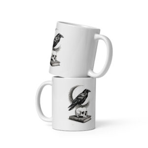 white-glossy-mug-white-11-oz-front-view-6a9e693fb82f7.jpg Raven on Skull Moon Mug, Nevermore Gothic Coffee Cup, Edgar Allan Poe Gift, Halloween Dark Academia Mug