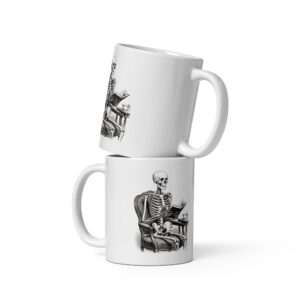 white-glossy-mug-white-11-oz-front-view-6a9e6a8e02261.jpg Skeleton Reading in Armchair Mug, Victorian Gothic Coffee Cup, Book Lover Gift, Halloween Dark Academia Mug
