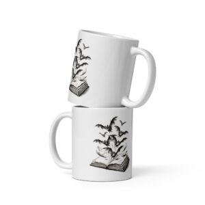 white-glossy-mug-white-11-oz-front-view-6a9e6ca59bc52.jpg Bats Flying from Book Mug, Gothic Halloween Coffee Cup, Spooky Book Lover Gift, Dark Academia Mug