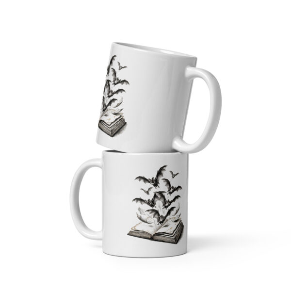 white-glossy-mug-white-11-oz-front-view-6a9e6ca59bc52.jpg Bats Flying from Book Mug, Gothic Halloween Coffee Cup, Spooky Book Lover Gift, Dark Academia Mug