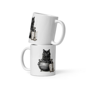 white-glossy-mug-white-11-oz-front-view-6a9e6dbb51c48.jpg Black Cat in Cauldron Mug, Witchy Halloween Coffee Cup, Cat Lover Gift, Vintage Spellbook Cat Mug