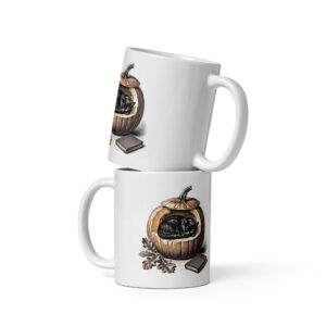 white-glossy-mug-white-11-oz-front-view-6a9e7196dcc38.jpg Black Cat Sleeping in Pumpkin Mug, Cozy Fall Coffee Cup, Cat Lover Gift, Vintage Halloween Autumn Mug
