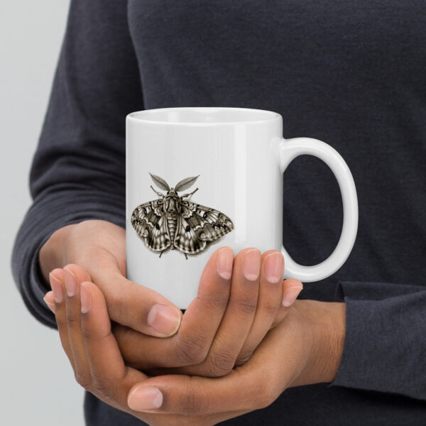 white-glossy-mug-white-11-oz-handle-on-right-6a9c6a0be44e0.jpg Moth Specimen Mug, Vintage Entomology Coffee Cup, Dark Academia Gift for Nature Lovers, Gothic Moth Mug