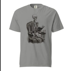 il_1140xN.8497435522_h0my.jpg Skeleton Reading Book T-Shirt