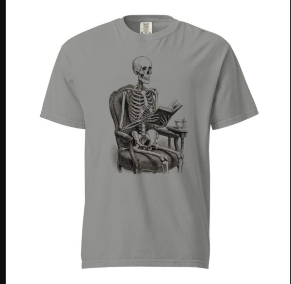 il_1140xN.8497435522_h0my.jpg Skeleton Reading Book T-Shirt